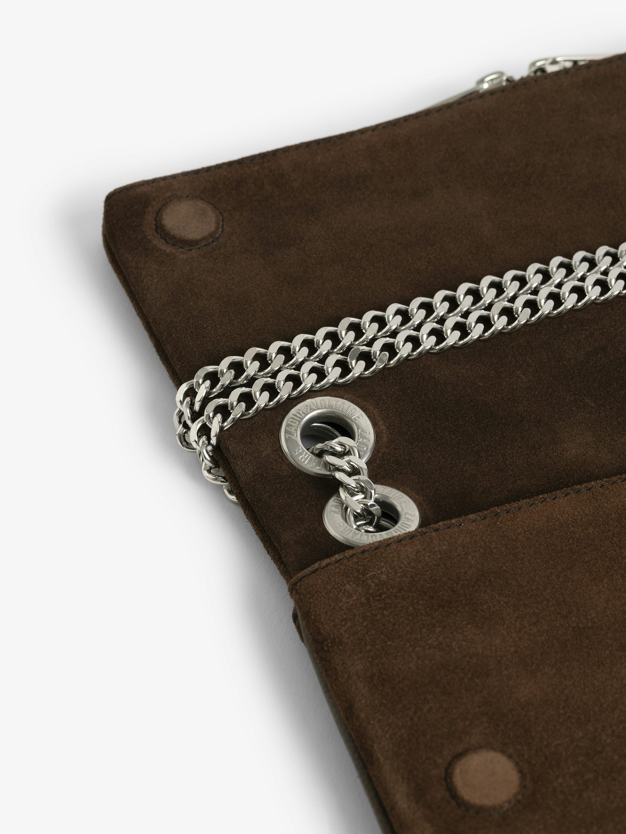 Rock II Suede Clutch - Suede leather clutch with sliding metal chain and signature wings.